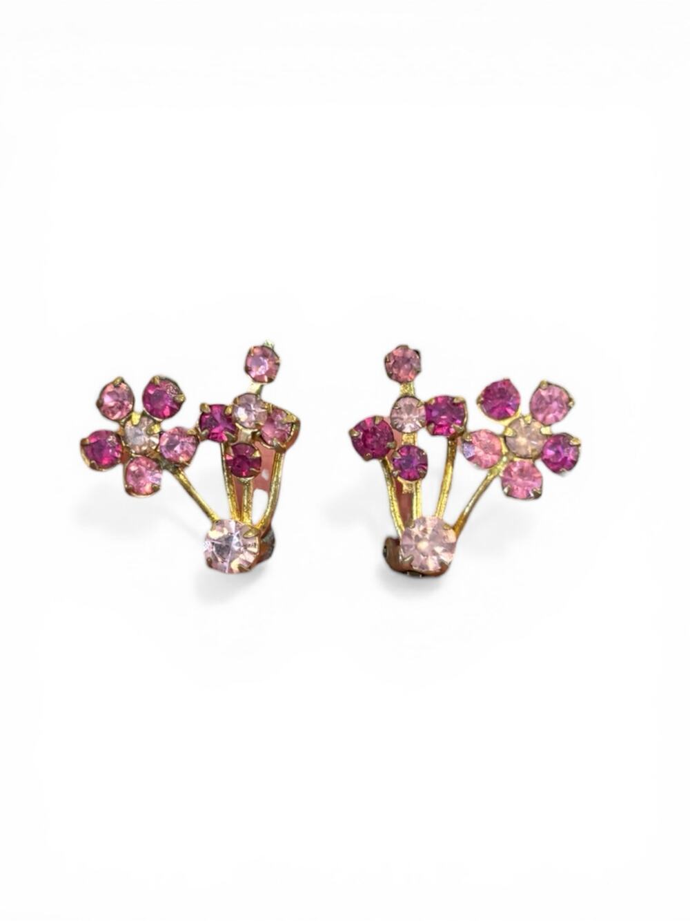 Vintage Pink Rhinestone Floral Spray Clip On Earrings Gold Tone Cluster 1950s